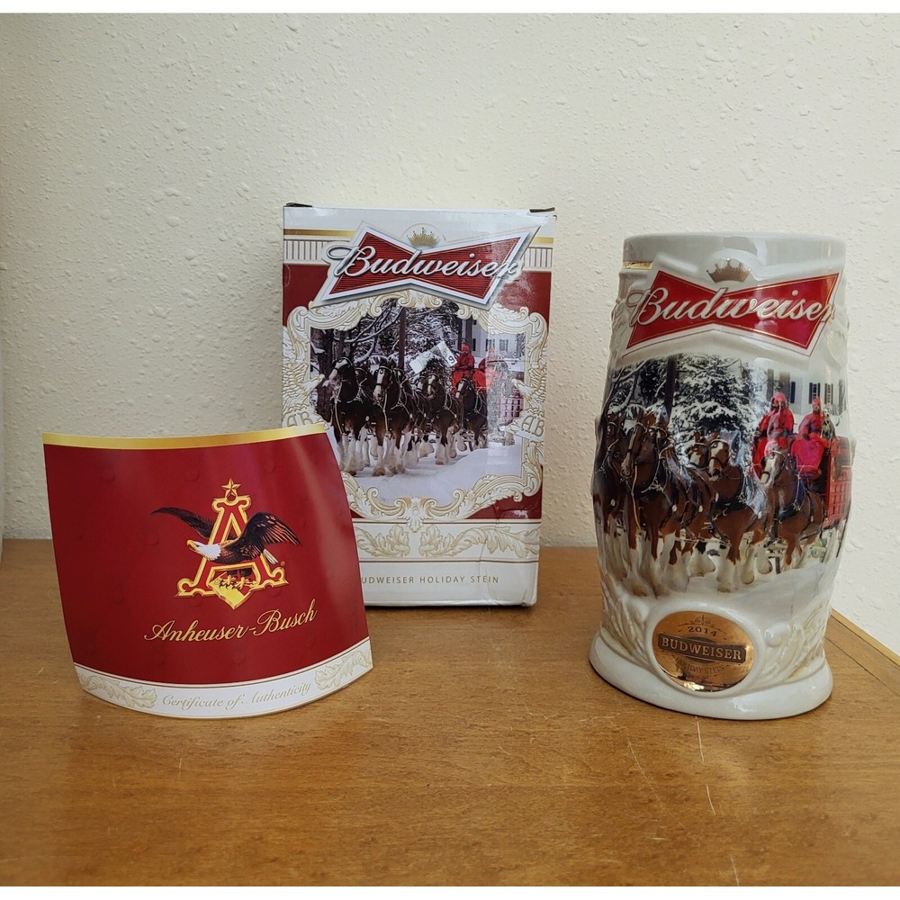 2014 Budweiser Holiday Beer Stein Mug Original Box Authenticity Card Collectible